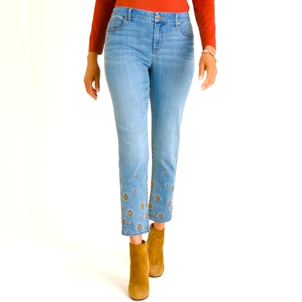 EUC Chico’s So Slimming Foulard Embroidered Girlfriend Ankle Jeans